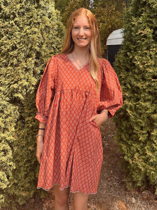 Terracotta Printed Mini Babydoll Dress with Pockets Final Sale