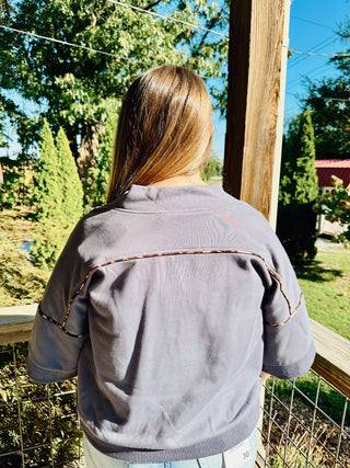 Cool Grey Western Embroidered Sweatshirt with Leopard Piping Details