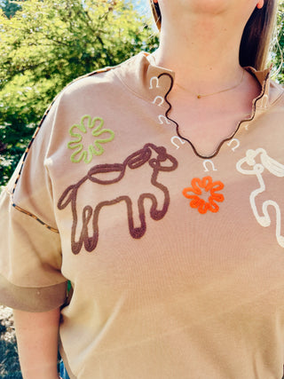 Taupe Western Embroidered Sweatshirt with Leopard Piping Details