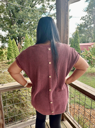 CURVY BURGUNDY WASHED KNIT SHORT TAB SLEEVE PULLOVER SWEATER FINAL SALE