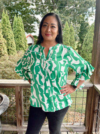 Curvy Green Geometric Print Ruffled Bell Sleeve Woven Top