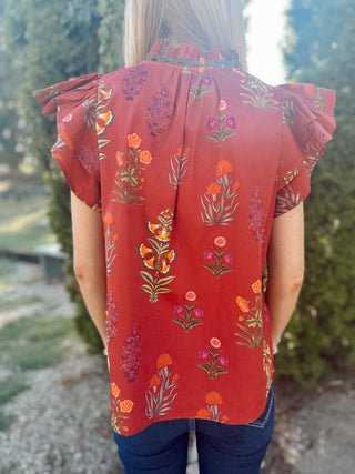 Brick Botanical Print Top w/ Flutter Sleeves Final Sale
