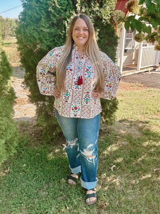 Ecru Geometrical Floral Print Top Final Sale