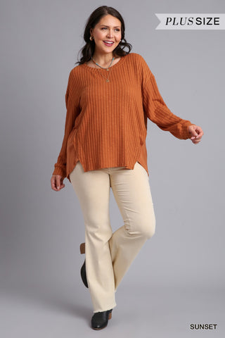 Curvy Ribbed Round Neck Long Sleeve Top (2 Colors) Final Sale