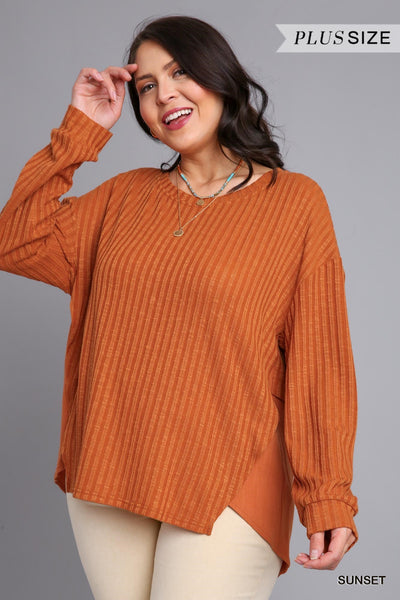 Curvy Ribbed Round Neck Long Sleeve Top (2 Colors)