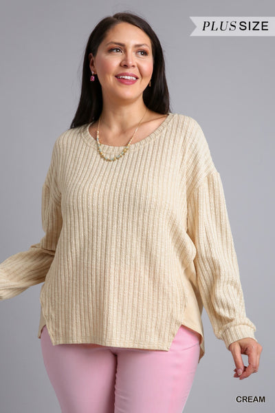 Curvy Ribbed Round Neck Long Sleeve Top (2 Colors)