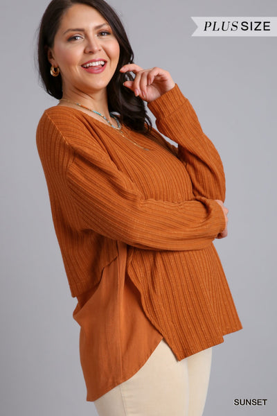 Curvy Ribbed Round Neck Long Sleeve Top (2 Colors)