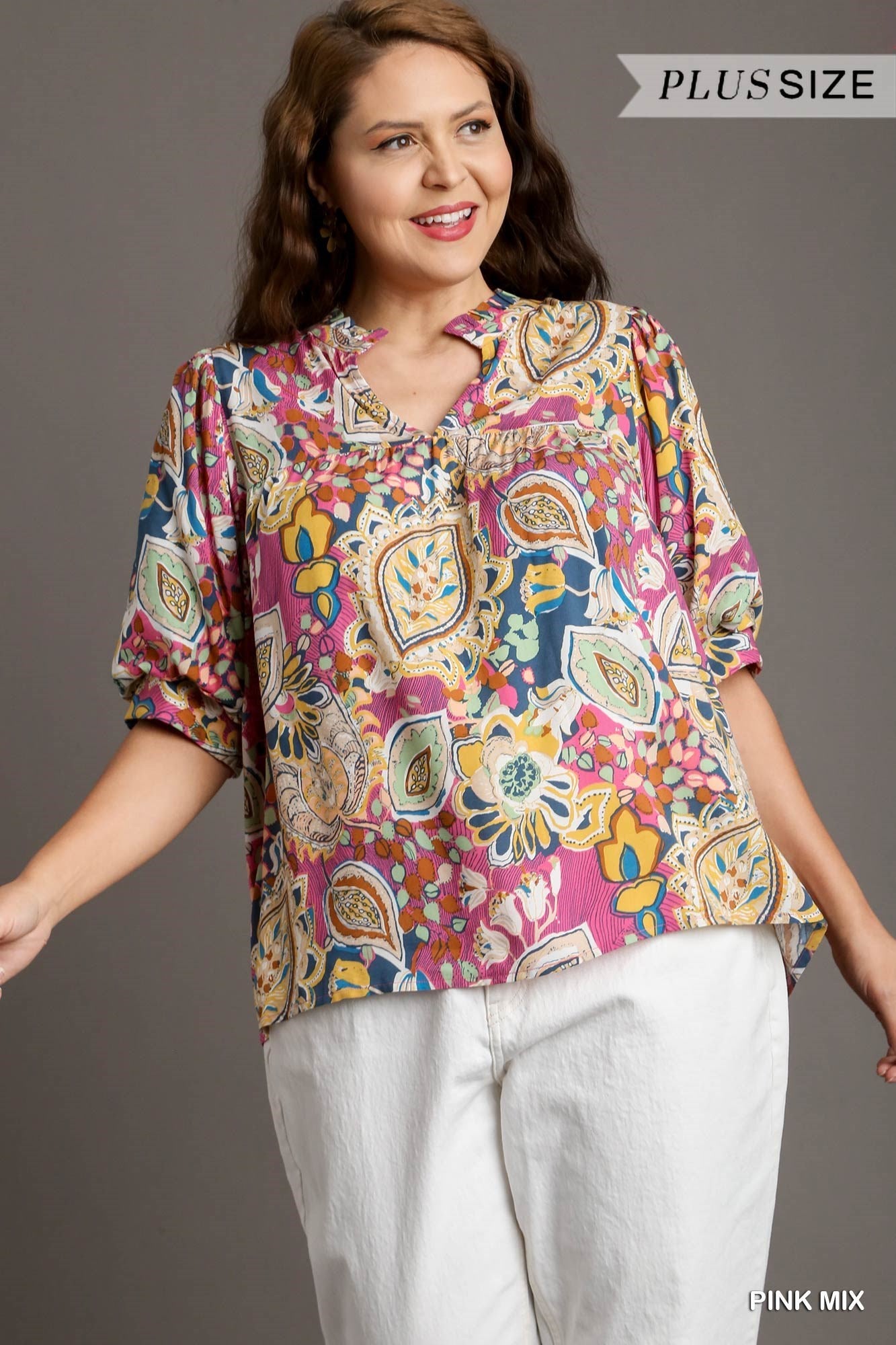 Curvy Pink Mixed Print Split Neck Top with Short Puff Sleeves