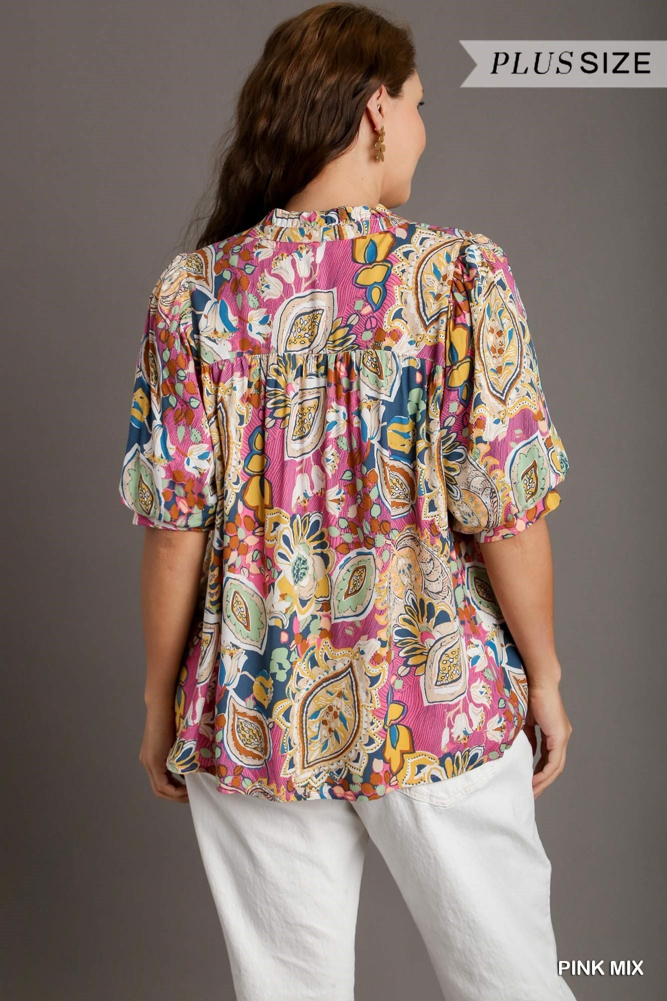 Curvy Pink Mixed Print Split Neck Top with Short Puff Sleeves