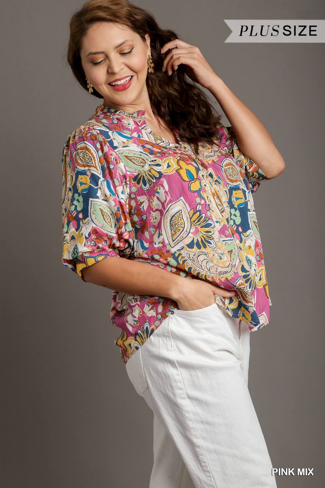 Curvy Pink Mixed Print Split Neck Top with Short Puff Sleeves