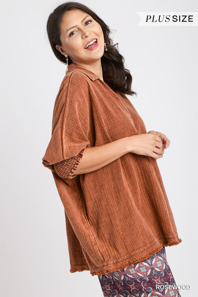 Curvy Rosewood Mineral Wash Boxy Cut Cotton Gauze Top