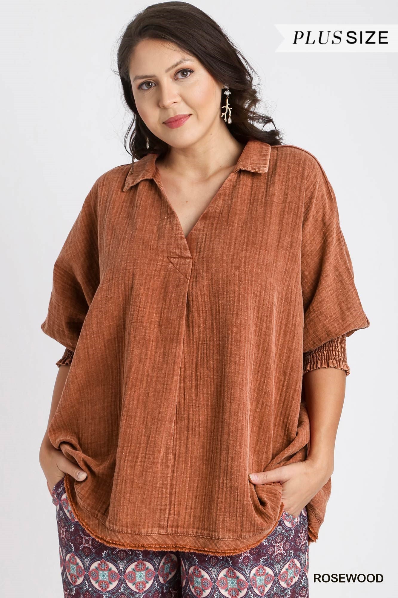 Curvy Rosewood Mineral Wash Boxy Cut Cotton Gauze Top