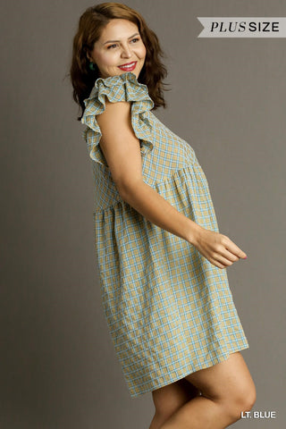 Curvy Light Blue Checkered Ruffle Sleeve V-Neck A-Line Dress with Side Pockets Final Sale