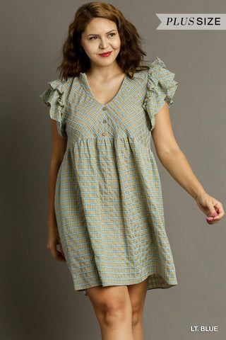 Curvy Light Blue Checkered Ruffle Sleeve V-Neck A-Line Dress with Side Pockets Final Sale
