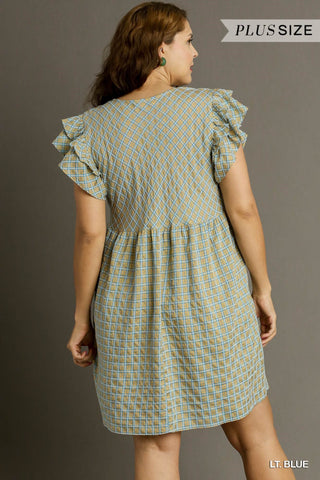 Curvy Light Blue Checkered Ruffle Sleeve V-Neck A-Line Dress with Side Pockets Final Sale