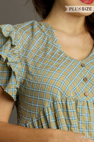Curvy Light Blue Checkered Ruffle Sleeve V-Neck A-Line Dress with Side Pockets Final Sale