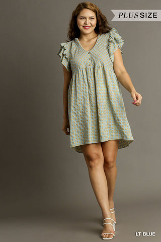 Curvy Light Blue Checkered Ruffle Sleeve V-Neck A-Line Dress with Side Pockets Final Sale