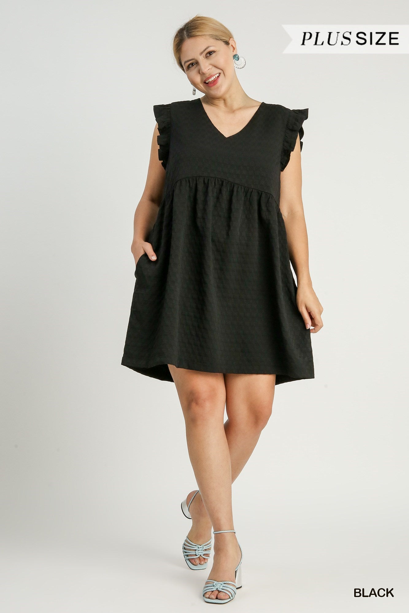 Curvy Black Jacquard V-Neck Baby Doll Dress with Short Ruffle Sleeves & Side Pockets