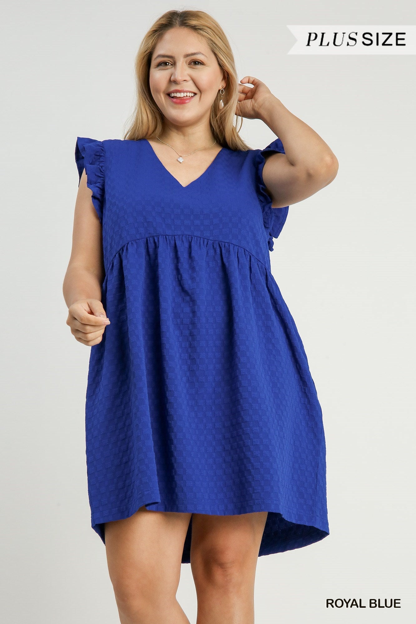 Curvy Royal Jacquard V-Neck Baby Doll Dress with Short Ruffle Sleeves & Side Pockets