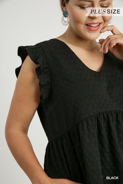 Curvy Black Jacquard V-Neck Baby Doll Dress with Short Ruffle Sleeves & Side Pockets