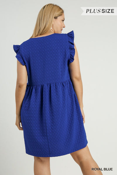 Curvy Royal Jacquard V-Neck Baby Doll Dress with Short Ruffle Sleeves & Side Pockets