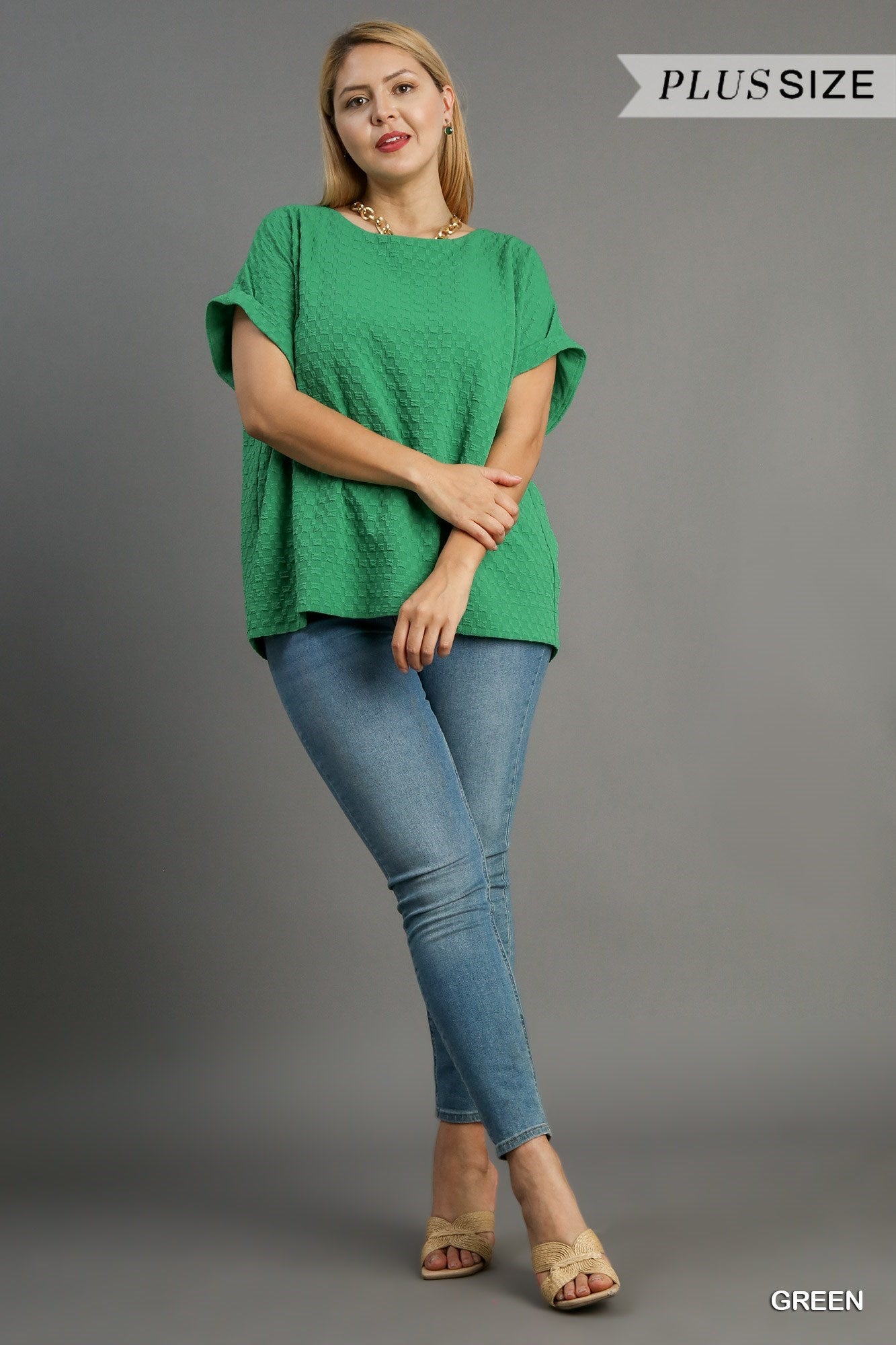 Curvy Green Textured Jacquard Boxy Cut Top with Back Buttons