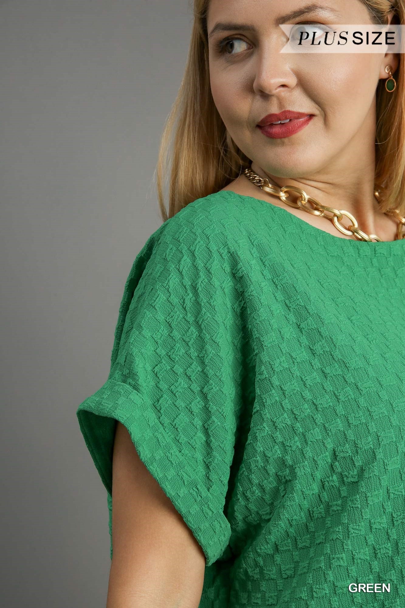 Curvy Green Textured Jacquard Boxy Cut Top with Back Buttons