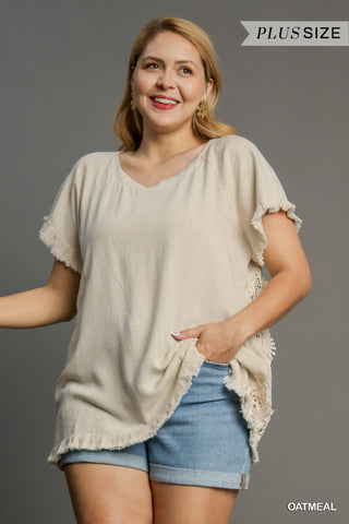 Curvy Linen Cotton Round Neck Top with Floral Lace Back & Frayed Hem Final Sale