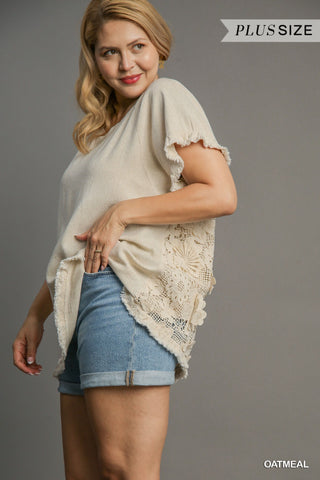 Curvy Linen Cotton Round Neck Top with Floral Lace Back & Frayed Hem Final Sale