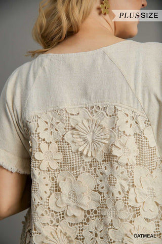 Curvy Linen Cotton Round Neck Top with Floral Lace Back & Frayed Hem Final Sale