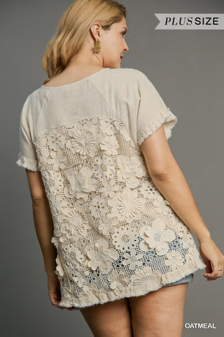 Curvy Linen Cotton Round Neck Top with Floral Lace Back & Frayed Hem Final Sale