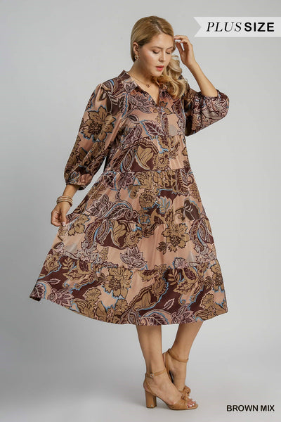 Curvy Brown Paisley Print  Midi Dress