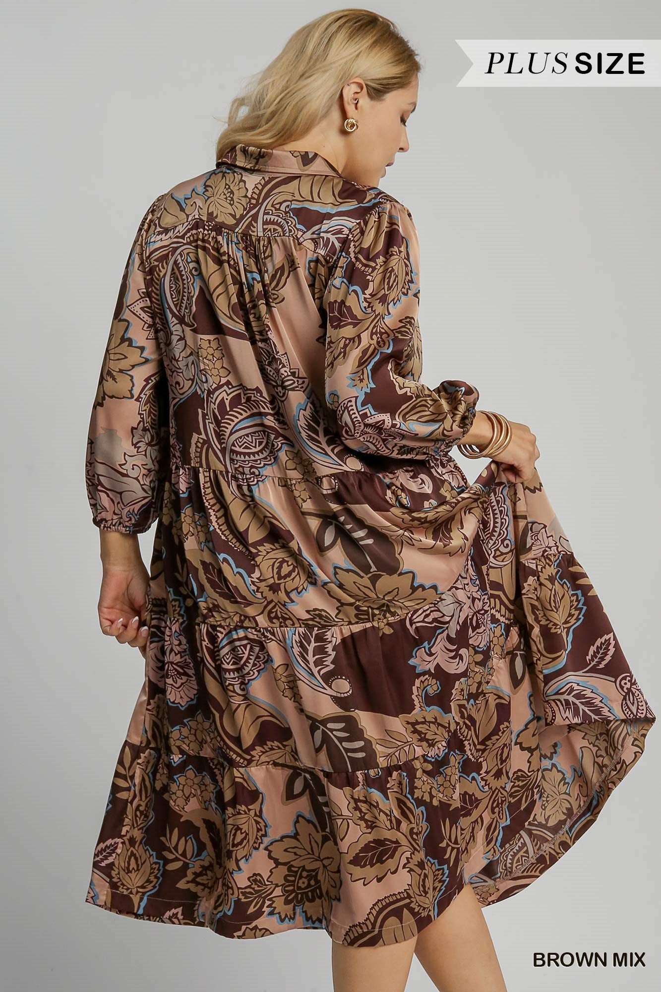 Curvy Brown Paisley Print  Midi Dress