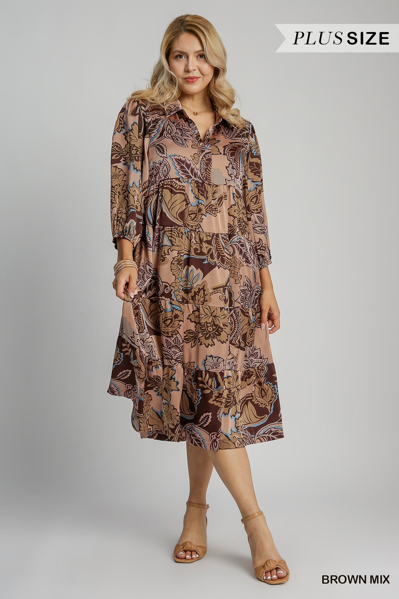 Curvy Brown Paisley Print  Midi Dress