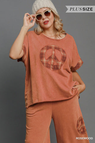 Curvy Rosewood Washed French Terry Peace Top and Bottom Set Final Sale