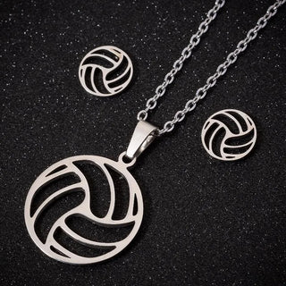 Volleyball Stainless Steel Necklace w/ Volleyball Stud Earrings (2 Colors)