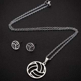 Volleyball Stainless Steel Necklace w/ Volleyball Stud Earrings (2 Colors)