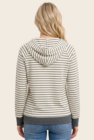 Ivory and Olive Micro Brushed Striped Hoodie Top