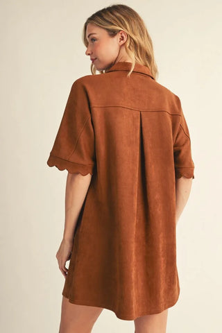 Camel Half Sleeve Button Down Faux Suede Dress w/ Pockets