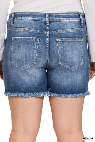 Curvy Mid Rise Raw Frayed Hem Denim Shorts FINAL SALE