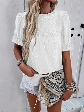 White Frill Round Neck Short Sleeve Blouse Final Sale