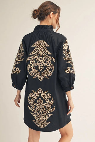 Black 3/4 Sleeve Leopard Pattern Baroque Applique Dress w./ Pockets
