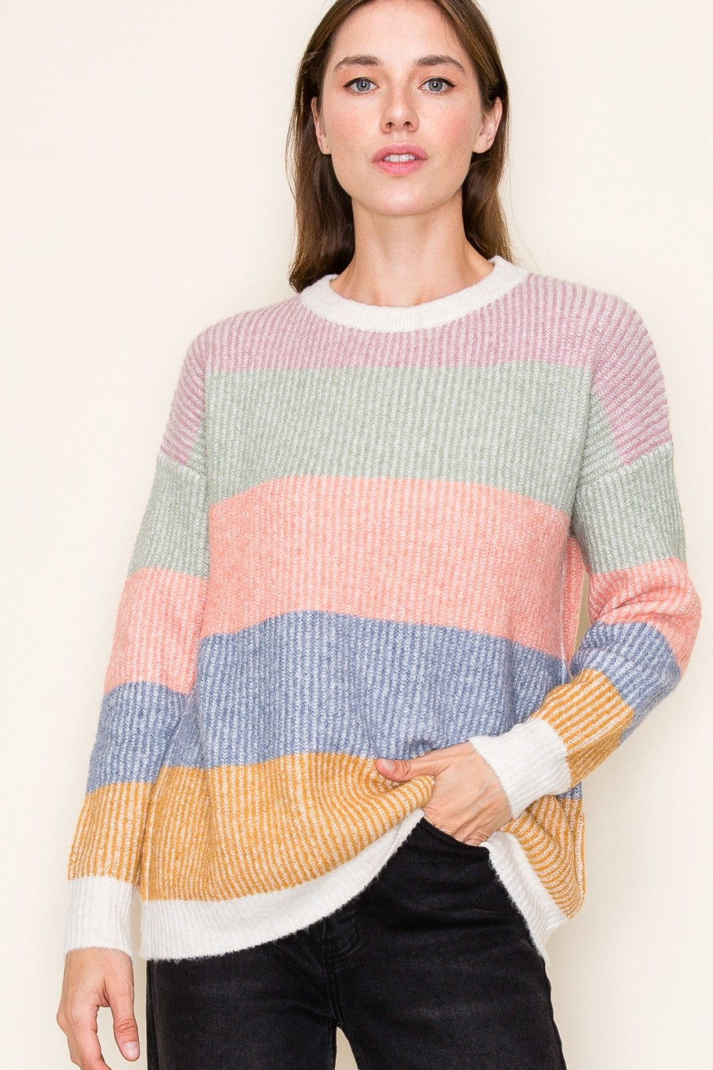 RIBBED MULTI COLOR BLOCK SUPER SOFT CREW NECK LONG