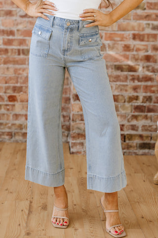 Striped Front Pocket Cuffed Wide Leg Jeans