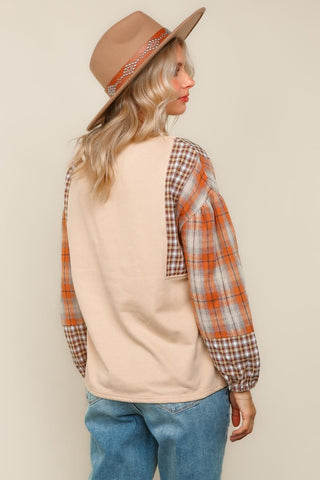 Curvy Oatmeal/Rust Solid Top W/ Contrast Plaid Print Sleeves Final Sale