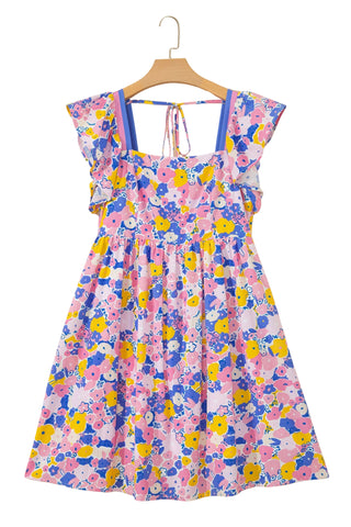 Purple Floral Flutter Sleeve Striped Trim Dress w/ Pockets FINAL SALE