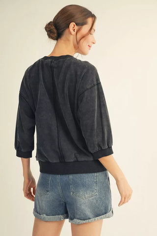 Black 3/4 Sleeve Washed Top w/ Leopard Star Patch Detail