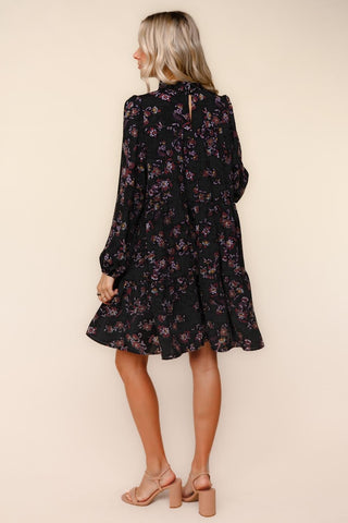 Black Frilled Mock Neck Tiered Floral Woven Dress Final Sale