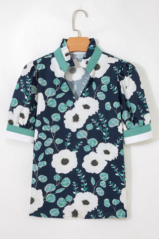 Navy Floral Print V Neck Top