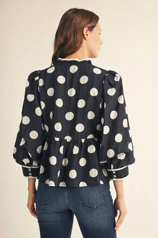 Black 3/4 Puff Sleeve Button Down Polka Dot Peplum Blouse